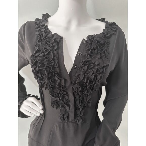Black Ruffle Front Long Sleeve Silk Blouse Romantic Goth Tunic Top size Medium - Picture 5 of 7